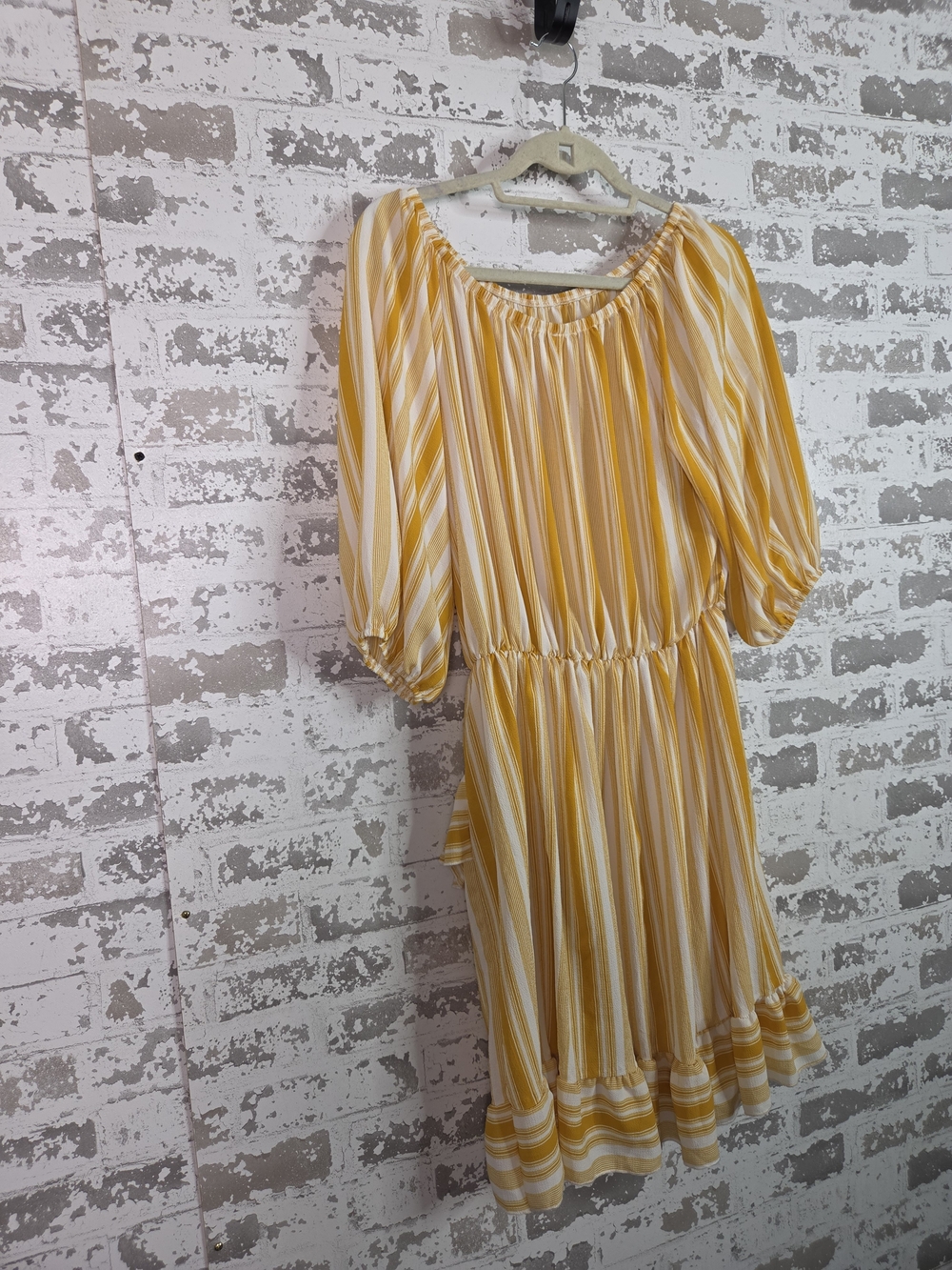 Boho Yello Striped Off The Shoulder Sun Dress Balloon Sleeve Ruffle Hem